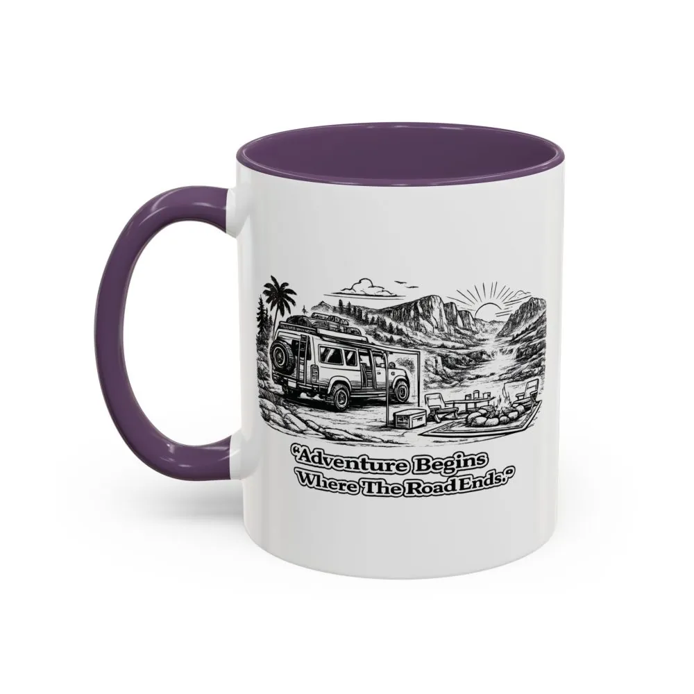 Accent Coffee Mug (11, 15oz) — "Adventure Begins Where The Road Ends" Design Minimal-Line