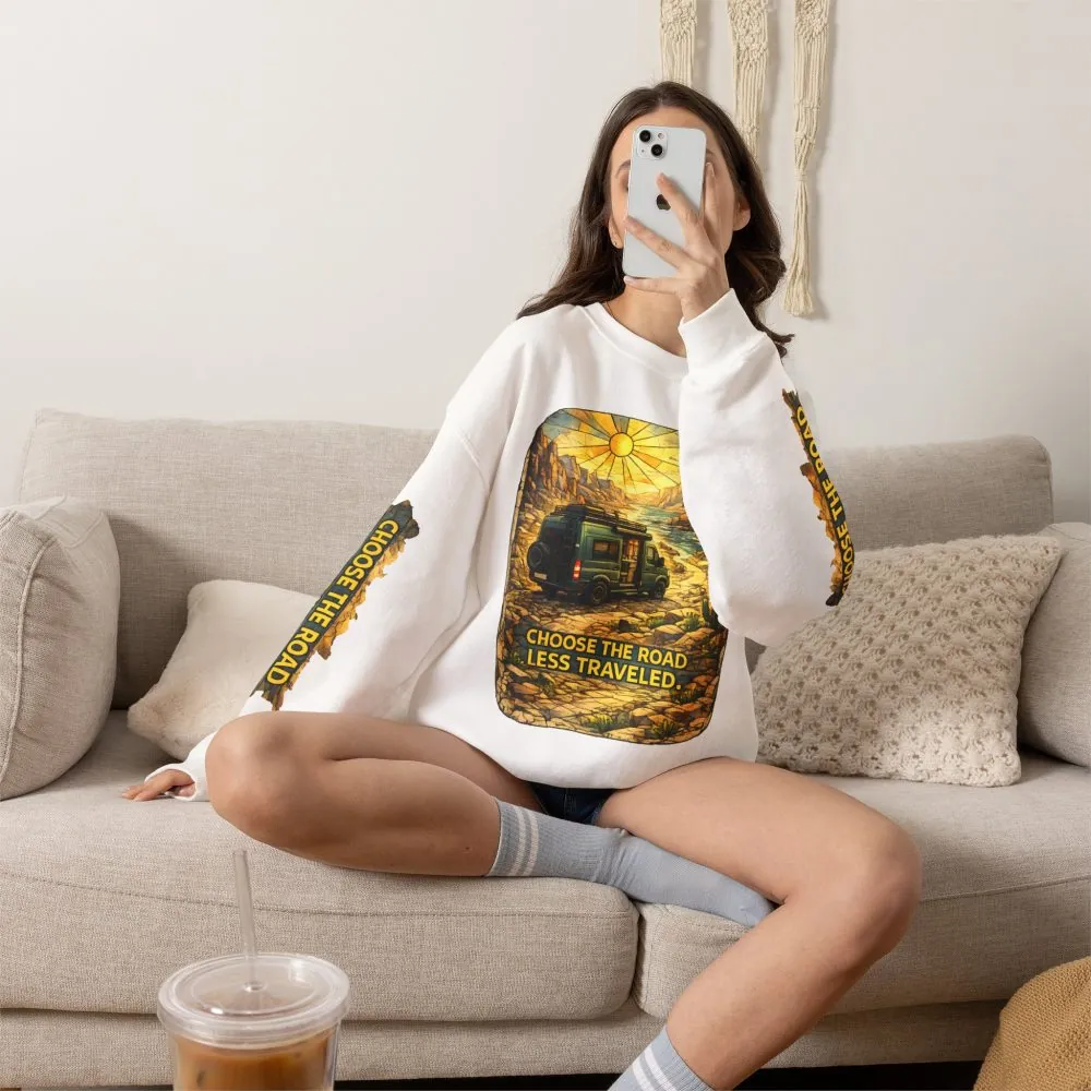Unisex Heavy Blend™ Crewneck Sweatshirt — "Choose The Road Less Traveled" Design Cubic-Line