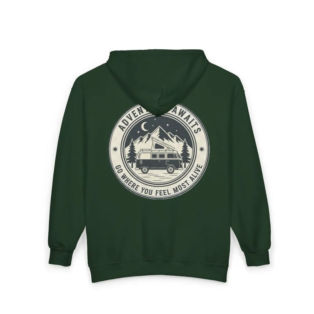 15633010875095832073_2048.jpeg Zip Hoodie — "Adventure Awaits-Go Where You Feel Most Alive" (Only Back Printed) Camper Van Adventure Zip-Up