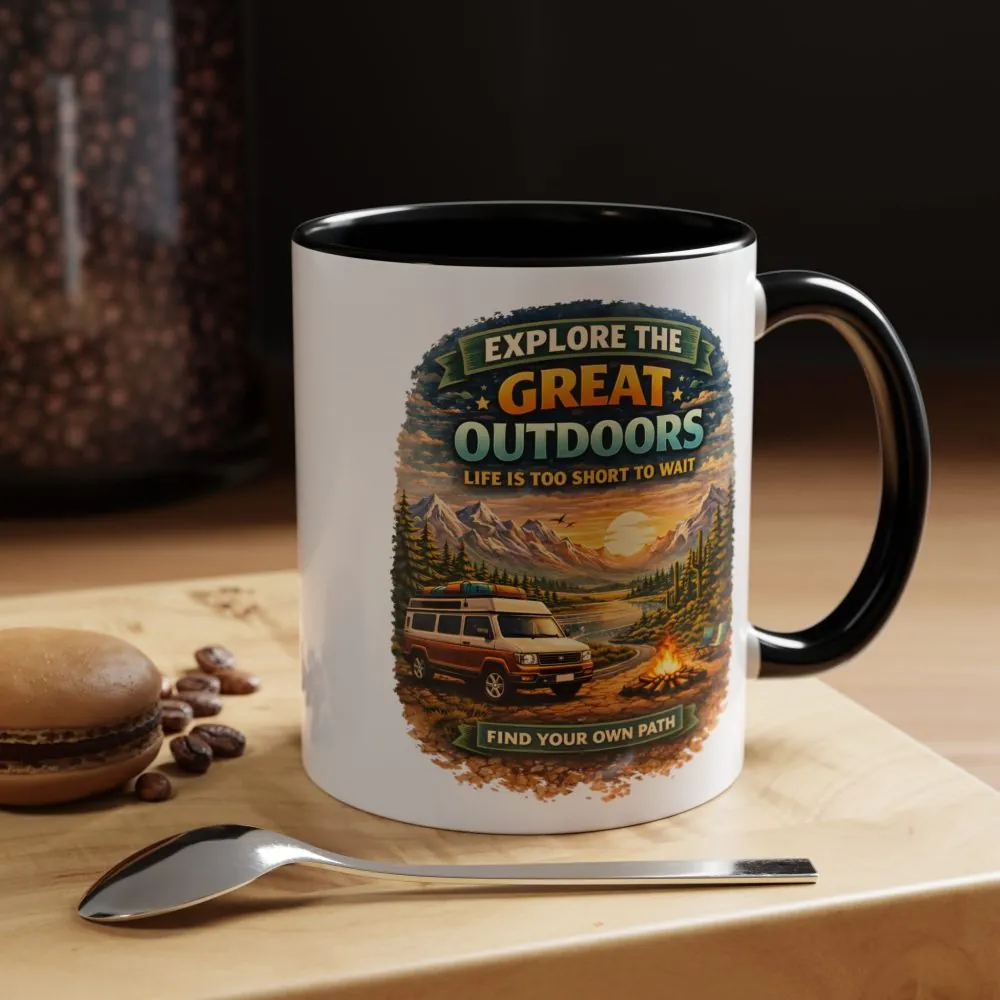 Accent Coffee Mug (11, 15oz) — "Explore The Great Outdoors" Design Scenic-Line