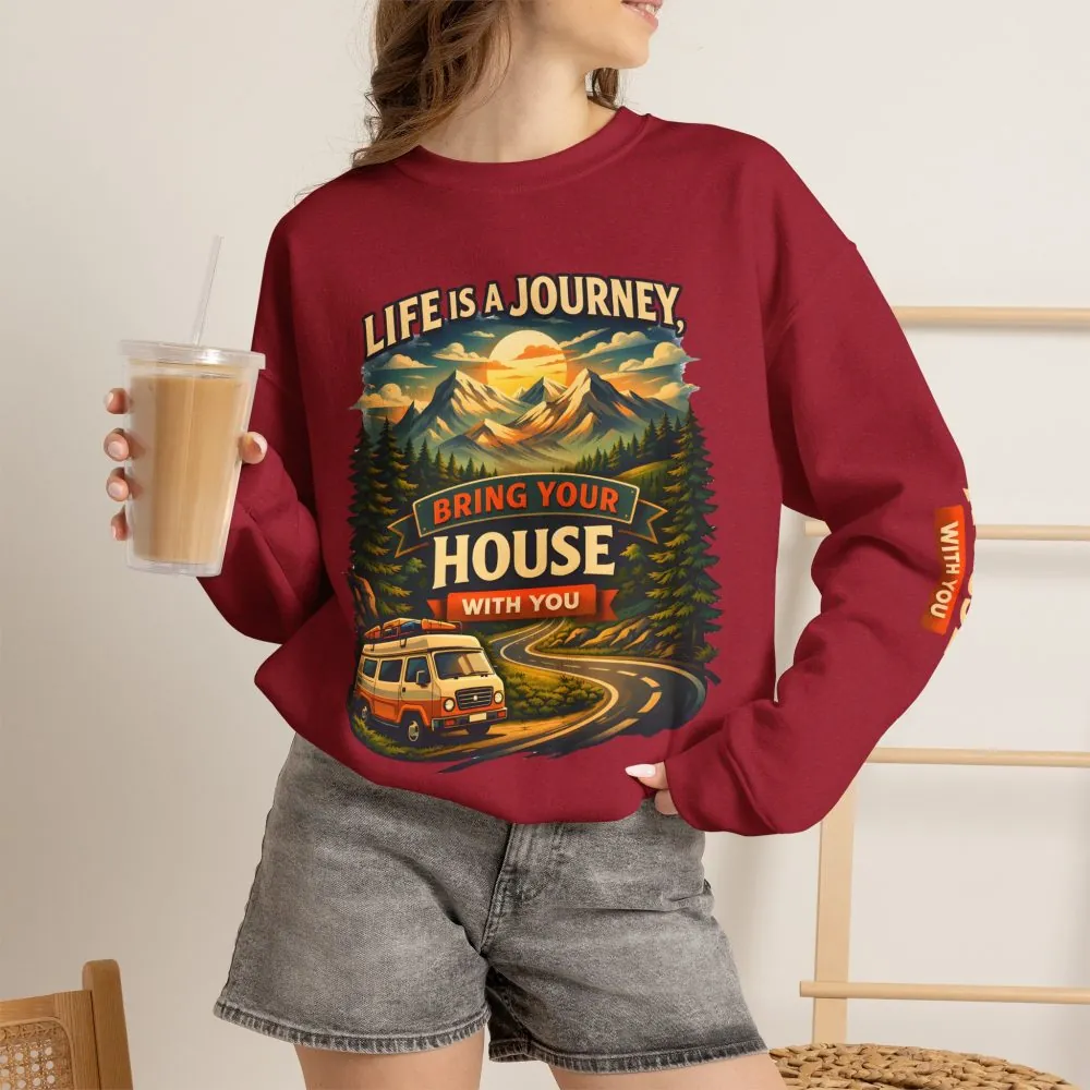 Unisex Heavy Blend™ Crewneck Sweatshirt — "Live Is A Journey-Bring Your House With You" Design Scenic-Line