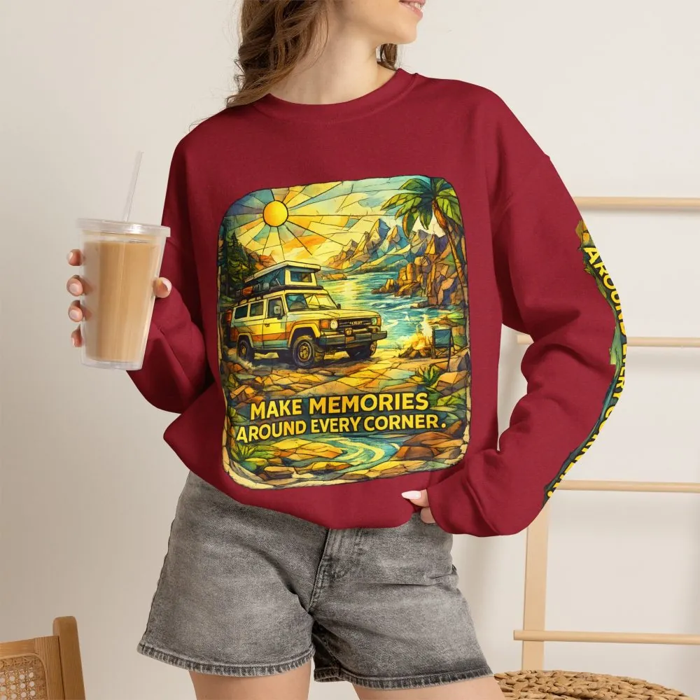 Unisex Heavy Blend™ Crewneck Sweatshirt — "Make Memories Around Every Corner" Design Cubic-Line