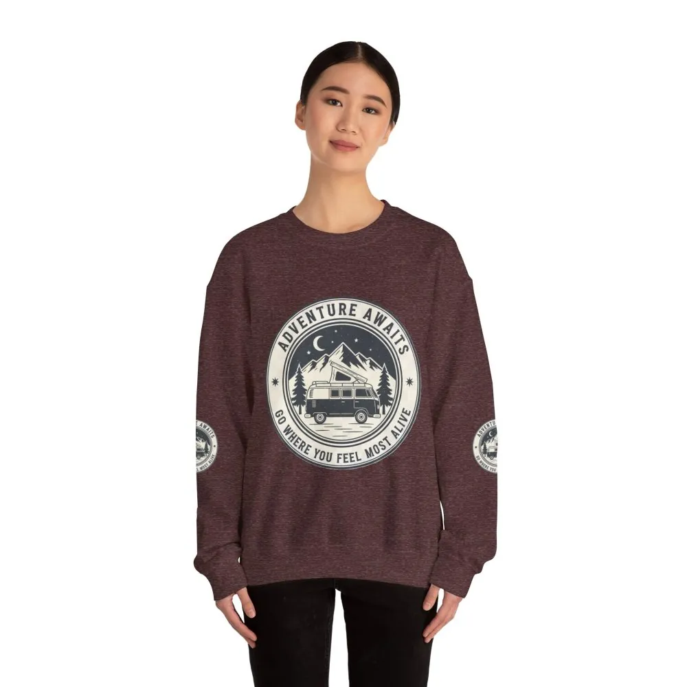 Crewneck Sweatshirt — "Adventure Awaits-Go Where You Feel Most Alive" (Font + Back + Sleaves printed) Vintage Camper Van Outdoor Graphic
