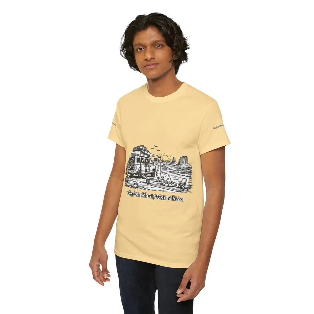 Unisex Heavy Cotton Tee — "Explore More Worry Less" Design Minimal-Line