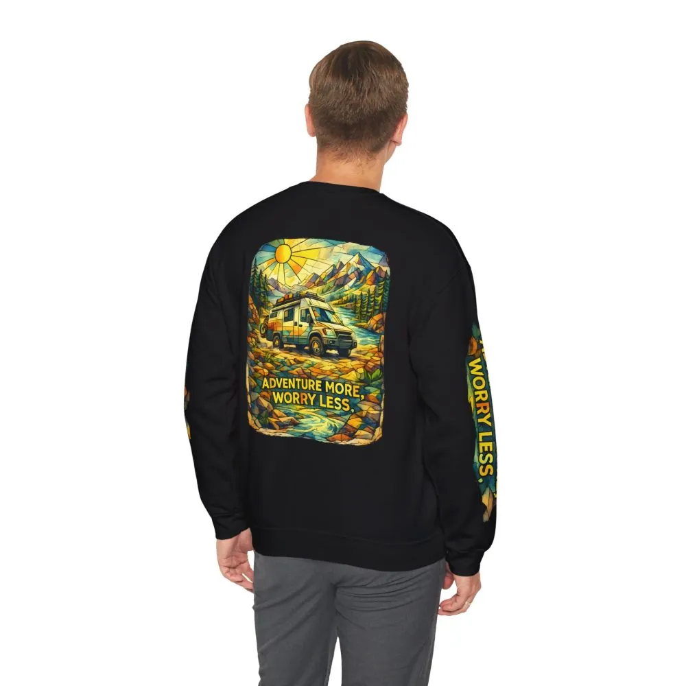 Unisex Heavy Blend™ Crewneck Sweatshirt — "Adventure More Worry Less" Design Cubic-Line