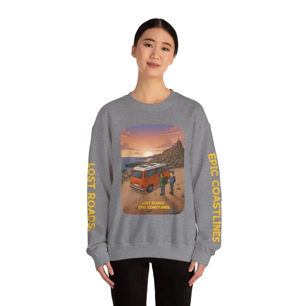 Unisex Heavy Blend™ Crewneck Sweatshirt — "Lost Roads Epic Coastlines" Design Sitcom-Line