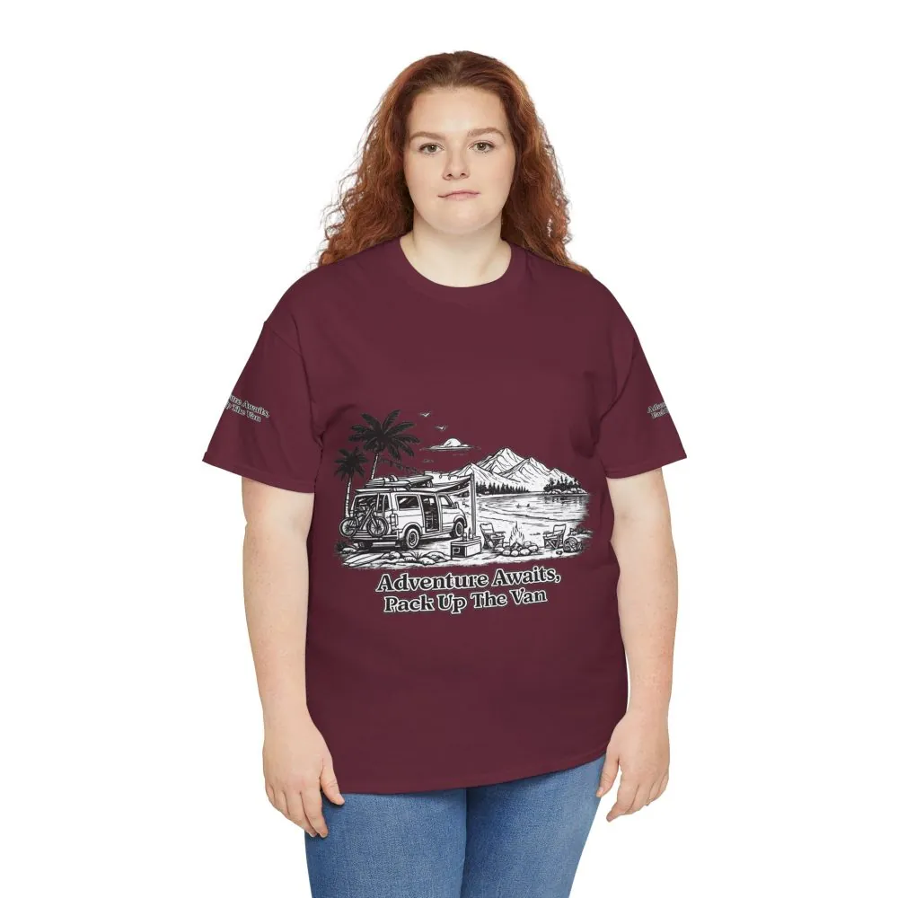 Unisex Heavy Cotton Tee — "Adventure Awaits,Pack Up The Van" Design Minimal-Line