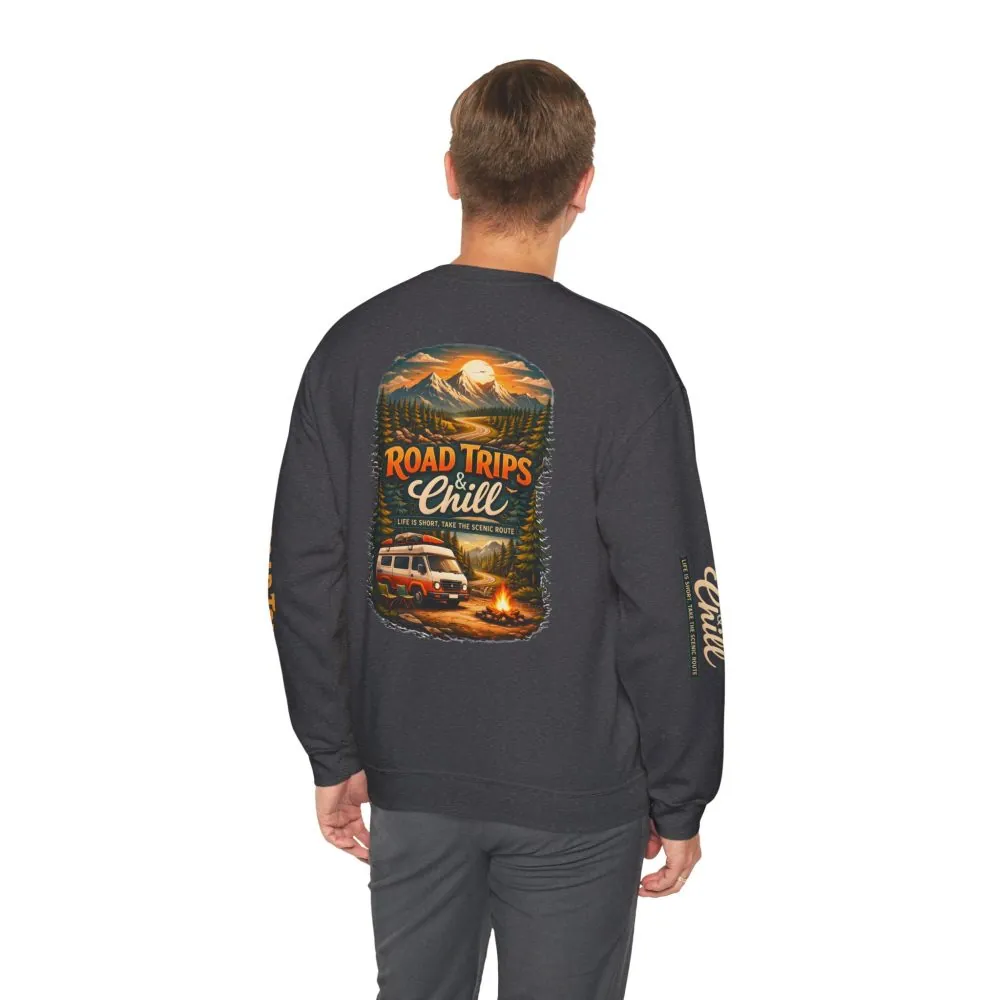 Unisex Heavy Blend™ Crewneck Sweatshirt — "Road Trips & Chill" Design Scenic-Line