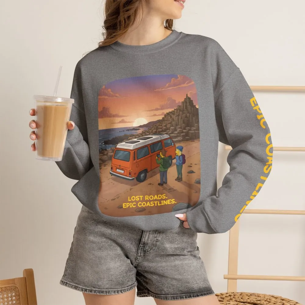 Unisex Heavy Blend™ Crewneck Sweatshirt — "Lost Roads Epic Coastlines" Design Sitcom-Line