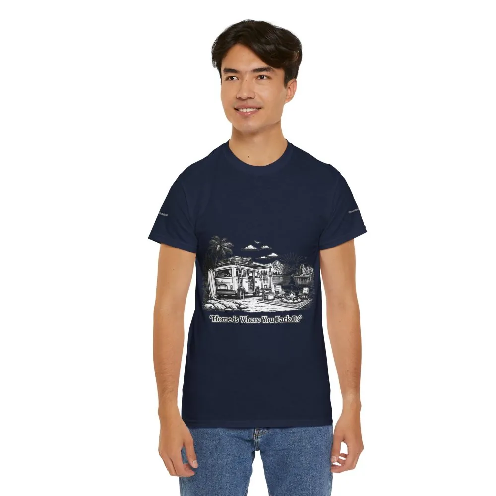 Unisex Heavy Cotton Tee — "Home Is Where You Park It" Design Minimal-Line