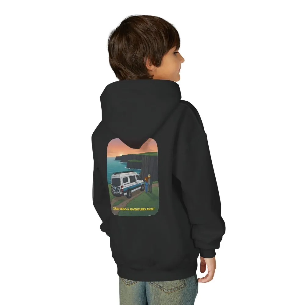 Youth Hoodie(Gildan) – "Ocean Views-Adventures Awaits" (Design Sitcom-Line)