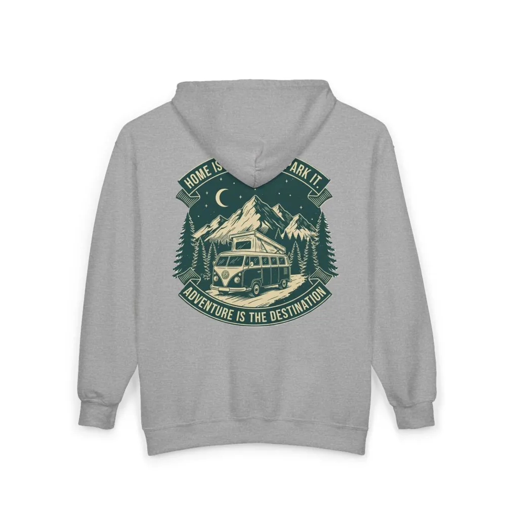 15719901494643608699_2048.jpeg Zip Hoodie — "Home Is Where You Park It-Adventure is the destination"(Front + Back Printed) Camper Van Adventure Zip-Up