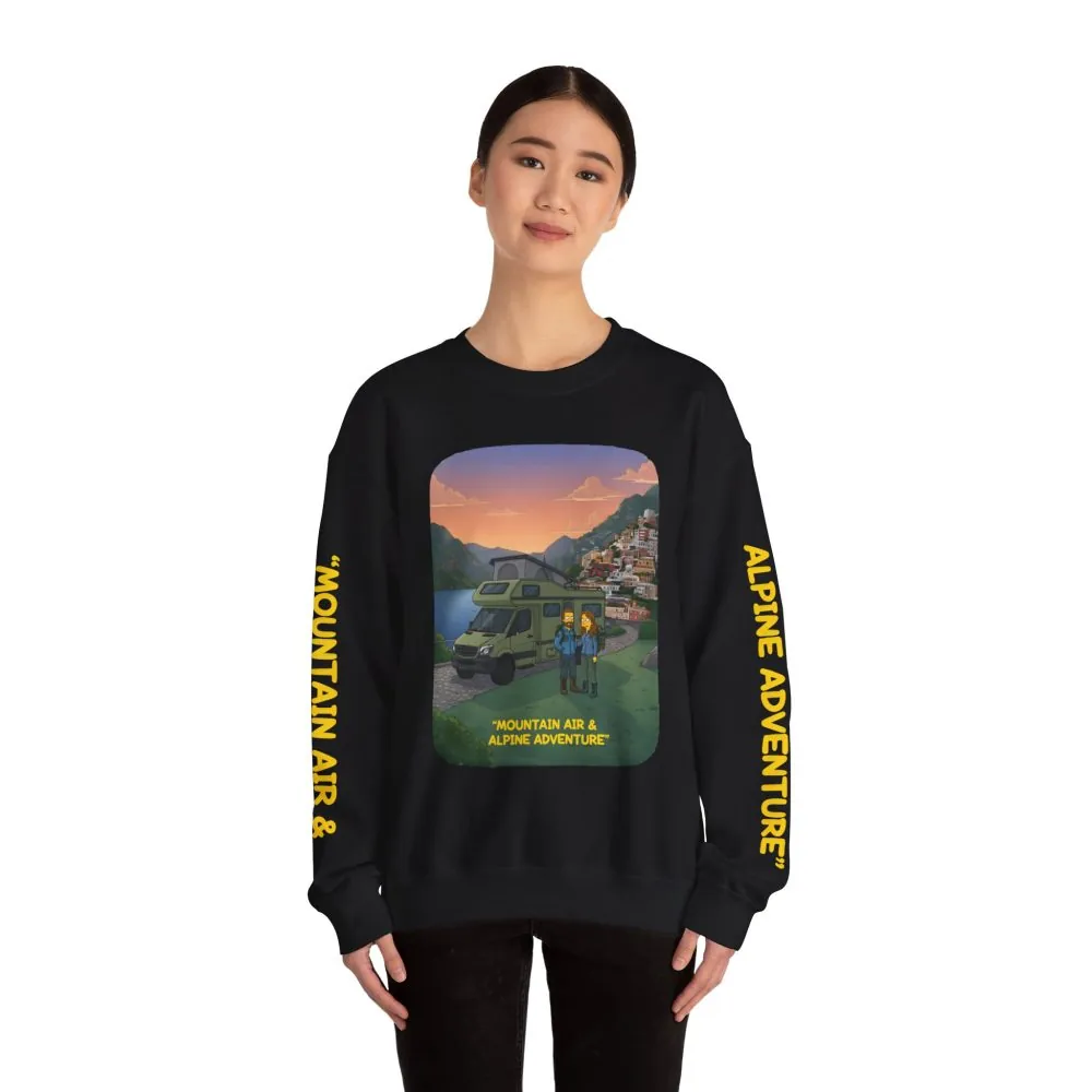 Unisex Heavy Blend™ Crewneck Sweatshirt — "Mountain Air And Alpine Adventure"" Design Sitcom-Line