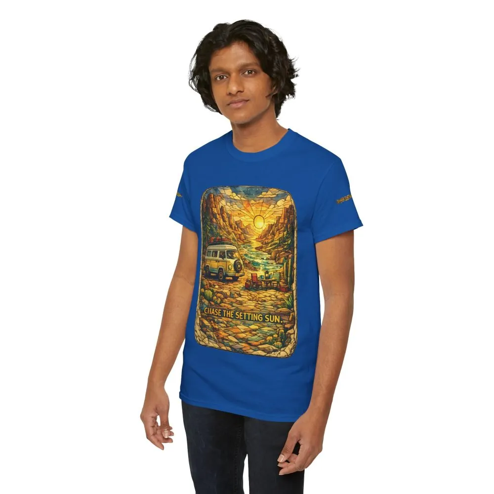 Unisex Heavy Cotton Tee — "Chase The Settings Sun" Design Cubic-Line