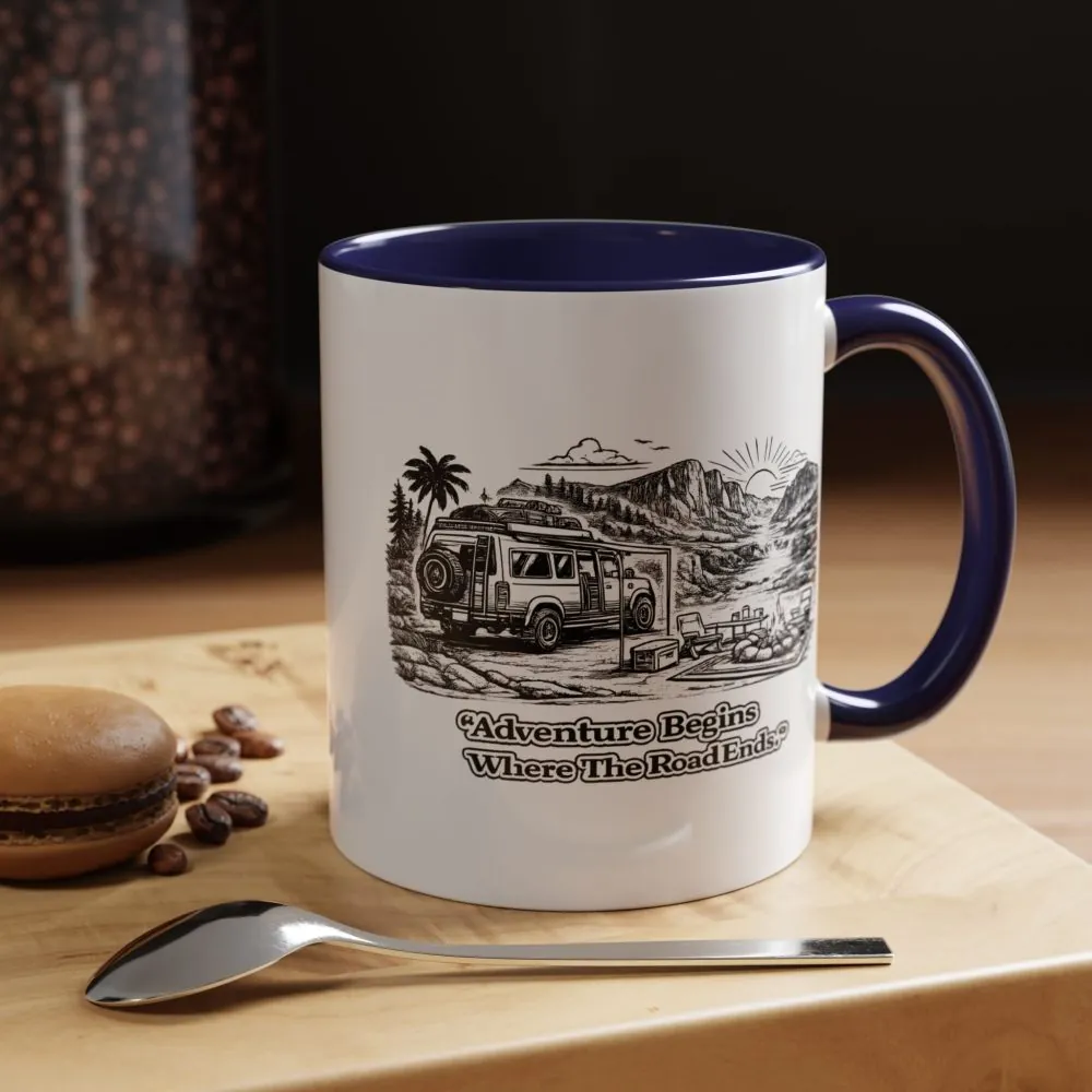 Accent Coffee Mug (11, 15oz) — "Adventure Begins Where The Road Ends" Design Minimal-Line