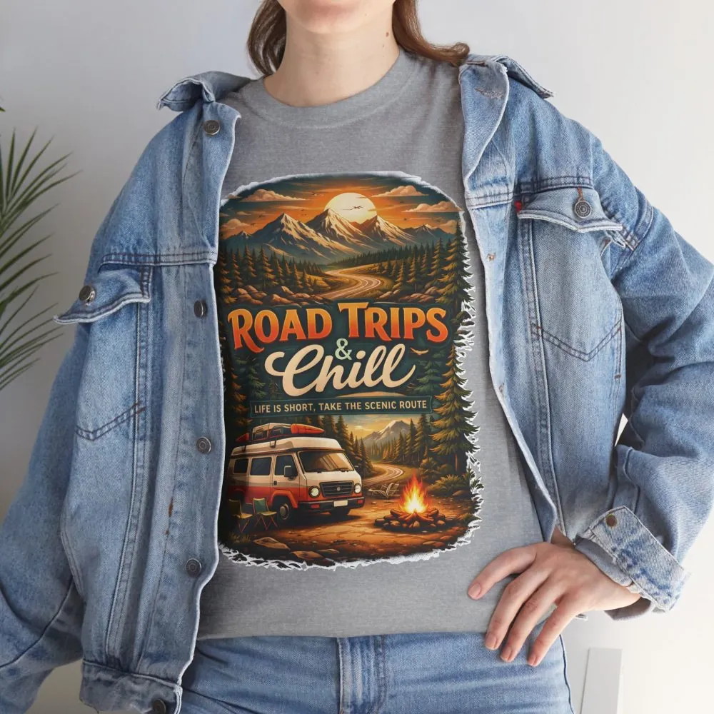 Unisex Heavy Cotton Tee — "Road Trips & Chill" Design Scenic-Line