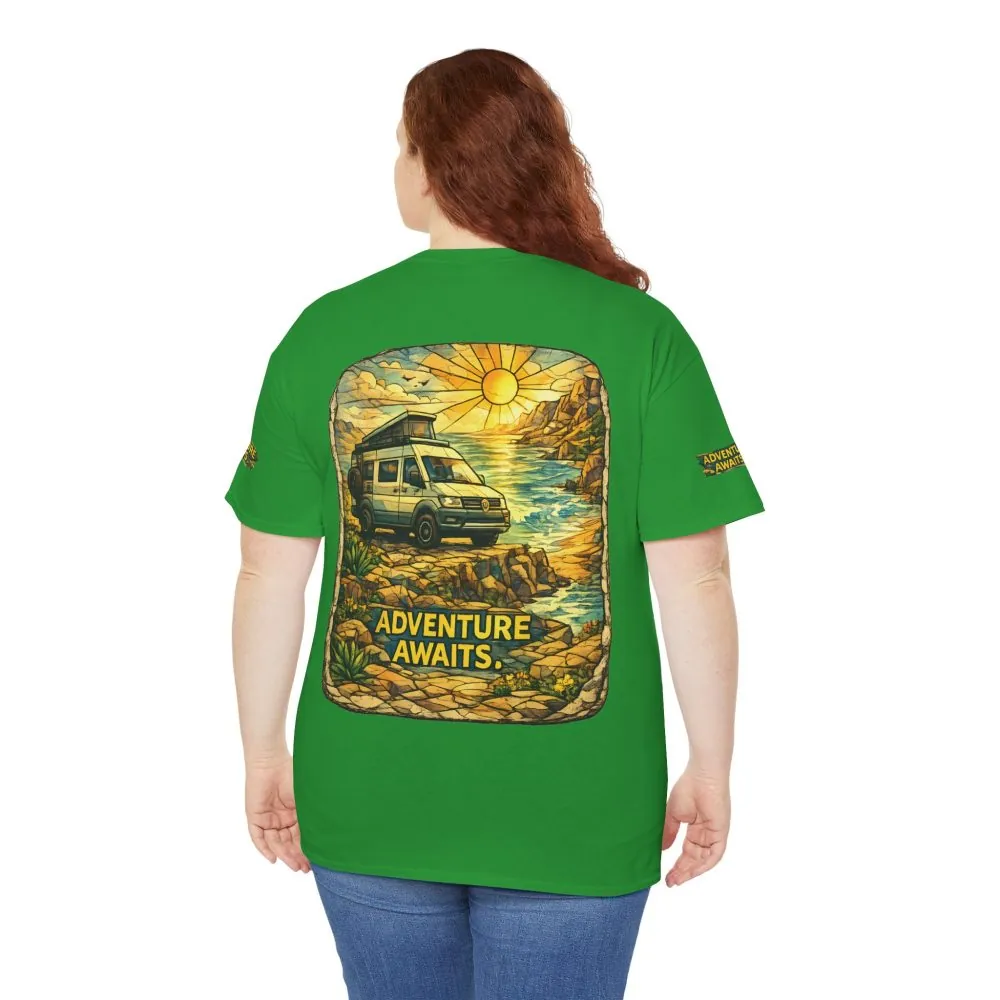 Unisex Heavy Cotton Tee — "Adventure Awaits" Design Cubic-Line