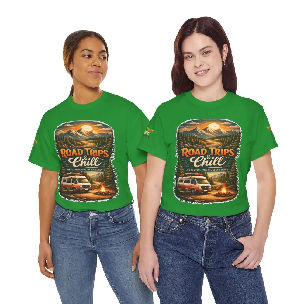 Unisex Heavy Cotton Tee — "Road Trips & Chill" Design Scenic-Line