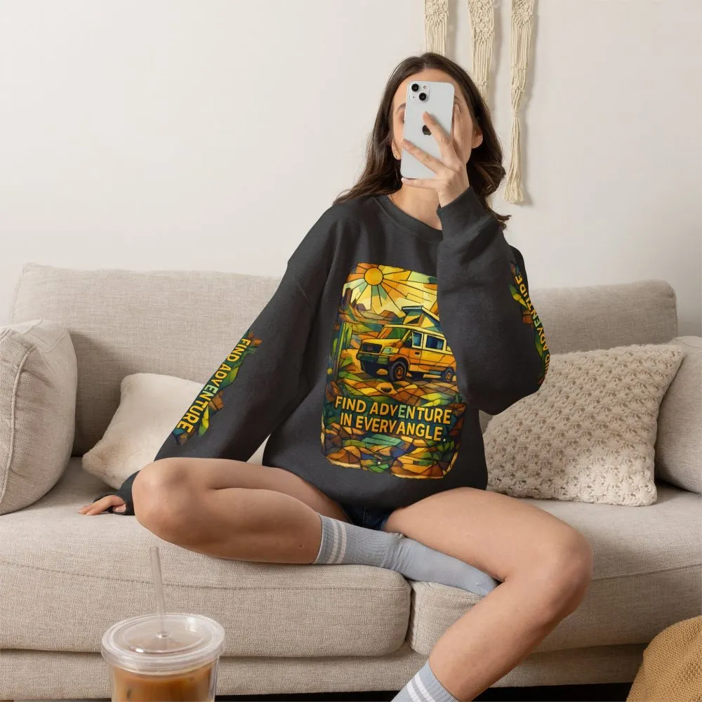 Unisex Heavy Blend™ Crewneck Sweatshirt — "Find Adventure In Every Corner" Design Cubic-Line