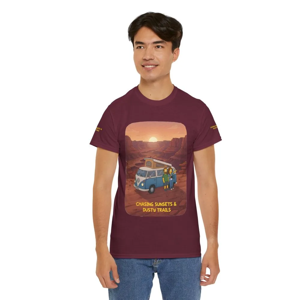 Unisex Heavy Cotton Tee — "Chasing Sunsets And Dusty Trails" Design Sitcom-Line