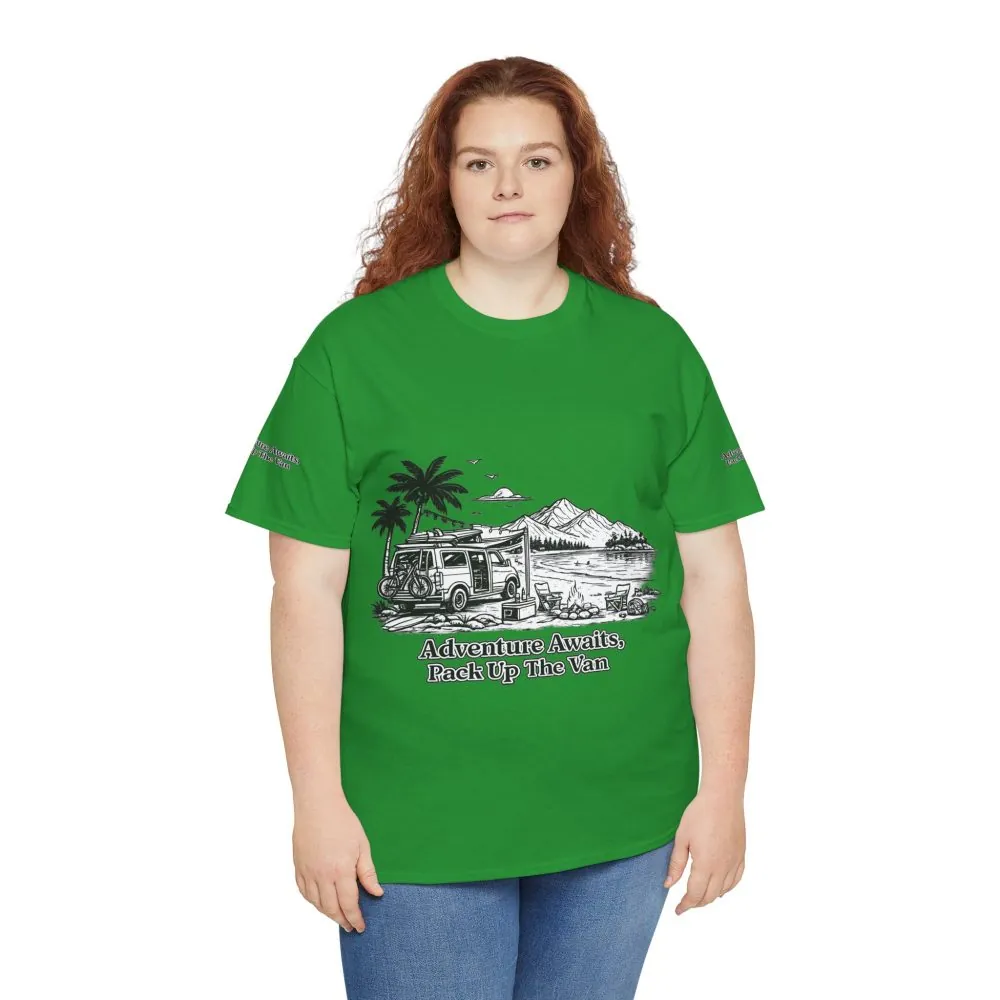 Unisex Heavy Cotton Tee — "Adventure Awaits,Pack Up The Van" Design Minimal-Line
