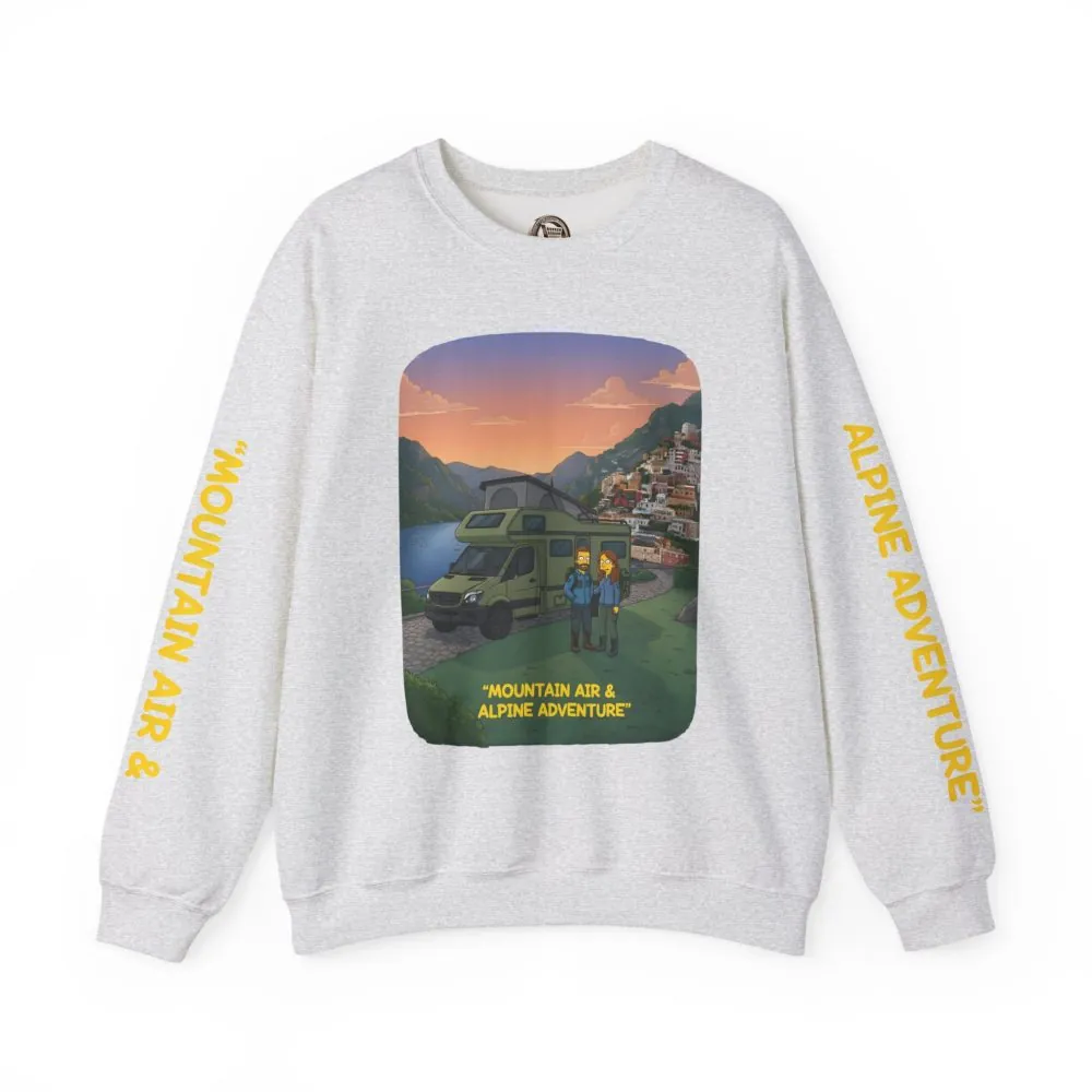 Unisex Heavy Blend™ Crewneck Sweatshirt — "Mountain Air And Alpine Adventure"" Design Sitcom-Line