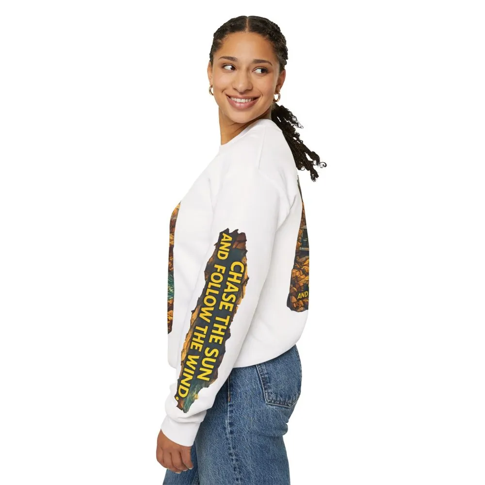 Unisex Heavy Blend™ Crewneck Sweatshirt — "Chase The Sun And Follow The Wind" Design Cubic-Line