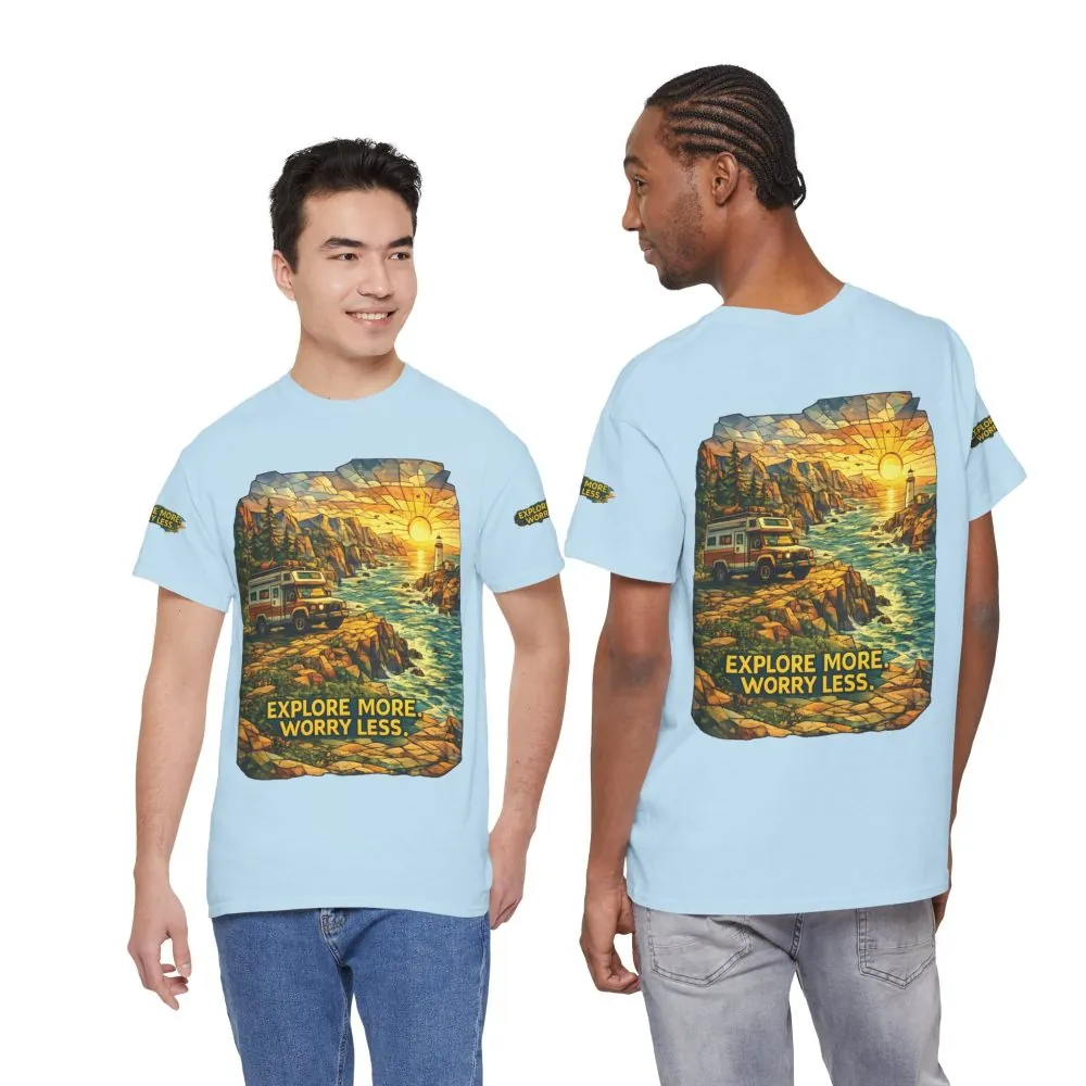 15824178668458773883_2048.jpeg Unisex Heavy Cotton Tee — "Explore More Worry Less" Design Cubic-Line