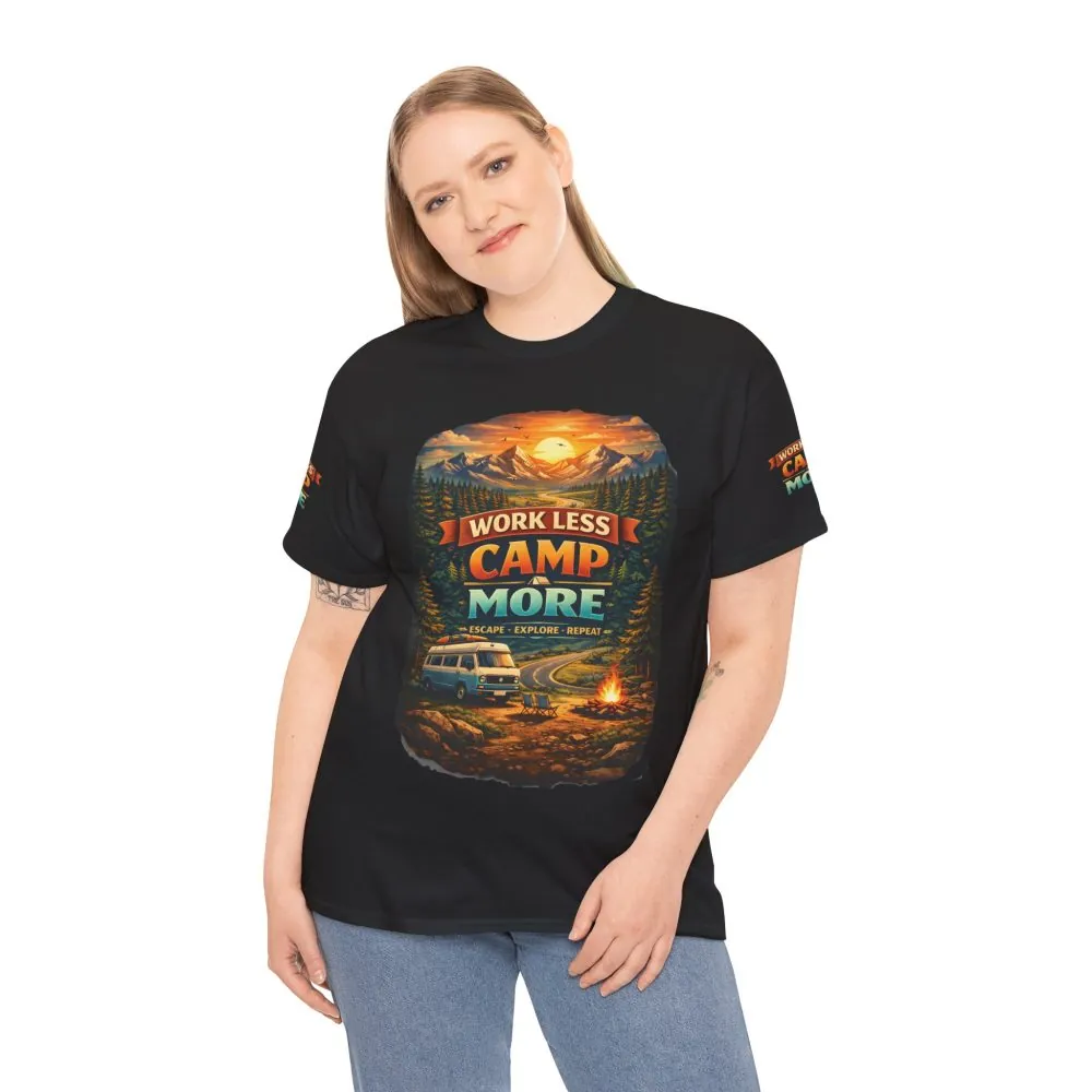 Unisex Heavy Cotton Tee — "Work Less Camp More" Design Scenic-Line