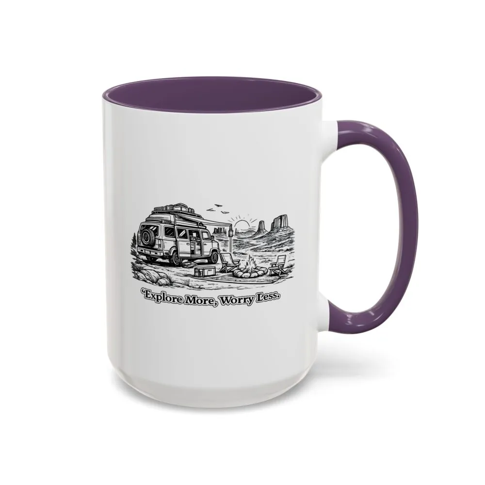Accent Coffee Mug (11, 15oz) — "Explore More Worry Less" Design Minimal-Line