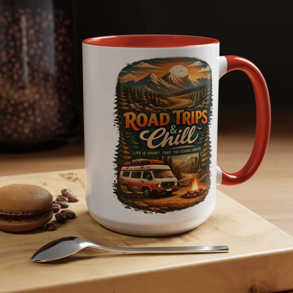 Accent Coffee Mug (11, 15oz) — "Road Trips & Chill" Design Scenic-Line