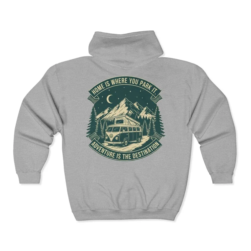 15880507653391582674_2048.jpeg Zip Hoodie — "Home Is Where You Park It-Adventure is the destination"(Front + Back Printed) Camper Van Adventure Zip-Up