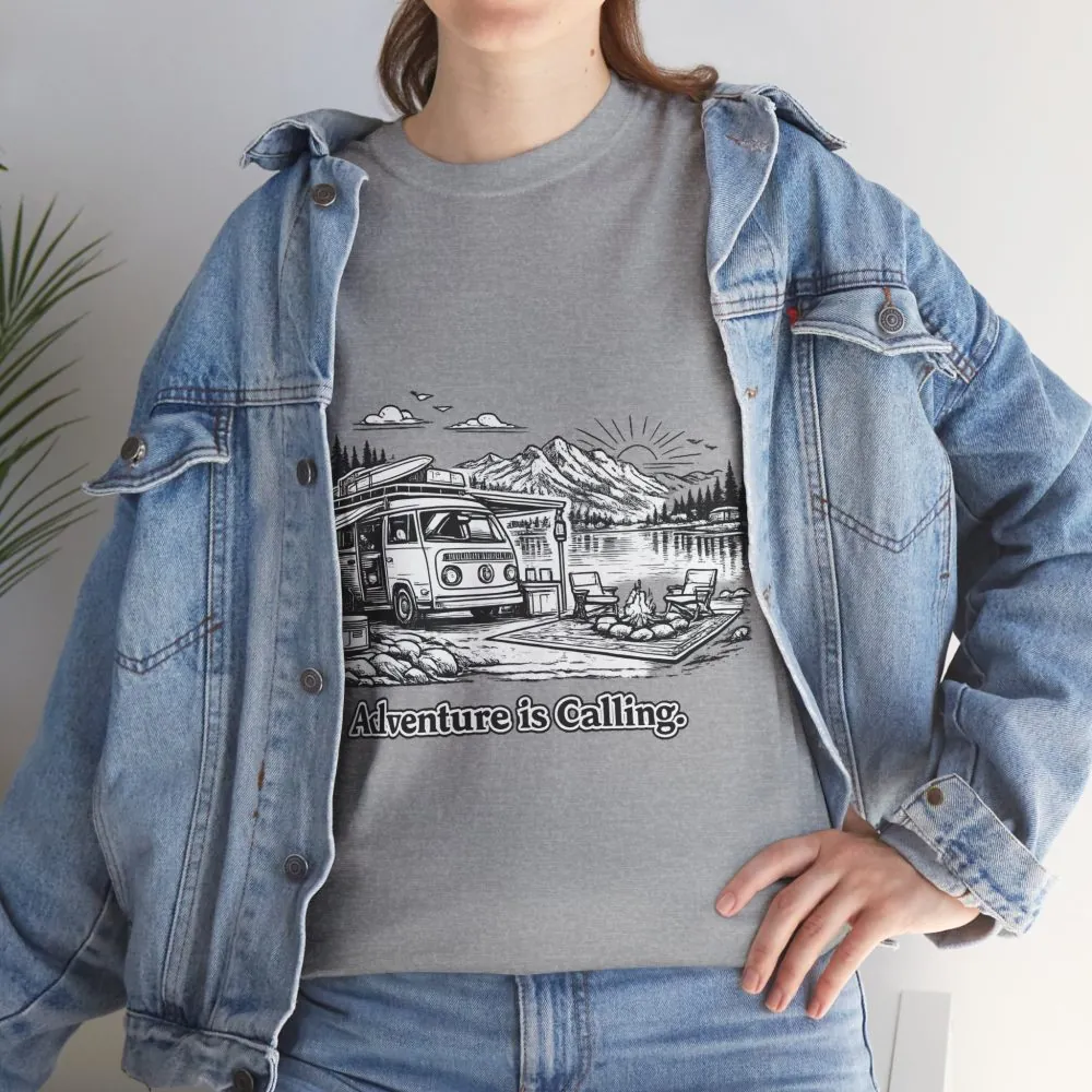Unisex Heavy Cotton Tee — "Adventure Is Calling" Design Minimal-Line