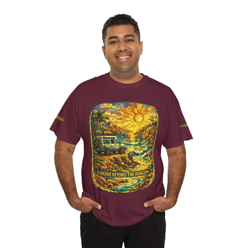Unisex Heavy Cotton Tee — "Explore Beyond The Horizon" Design Cubic-Line