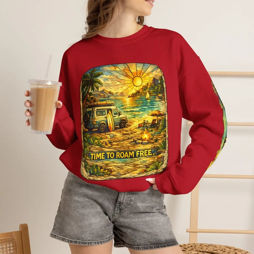 Unisex Heavy Blend™ Crewneck Sweatshirt — "Time To Roam Free" Design Cubic-Line