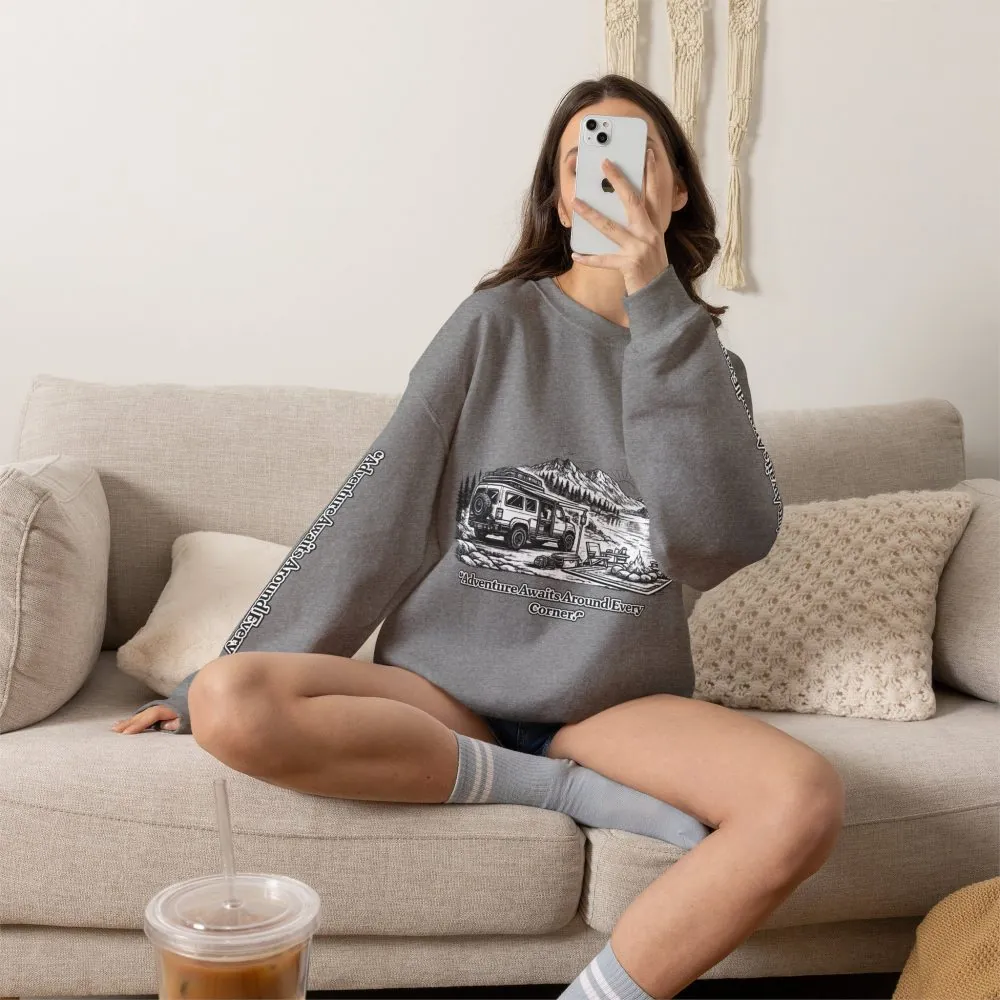 1591325400677451243_2048.jpeg Unisex Heavy Blend™ Crewneck Sweatshirt — "Adventure Awaits Around Every Corner" Design Minimal-Line