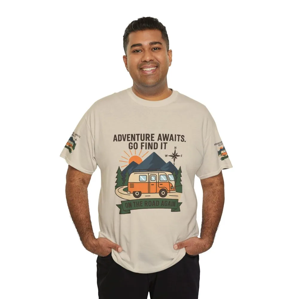 Unisex Heavy Cotton Tee — 'Adventure Awaits. Go Find It' Camper Van T‑Shirt