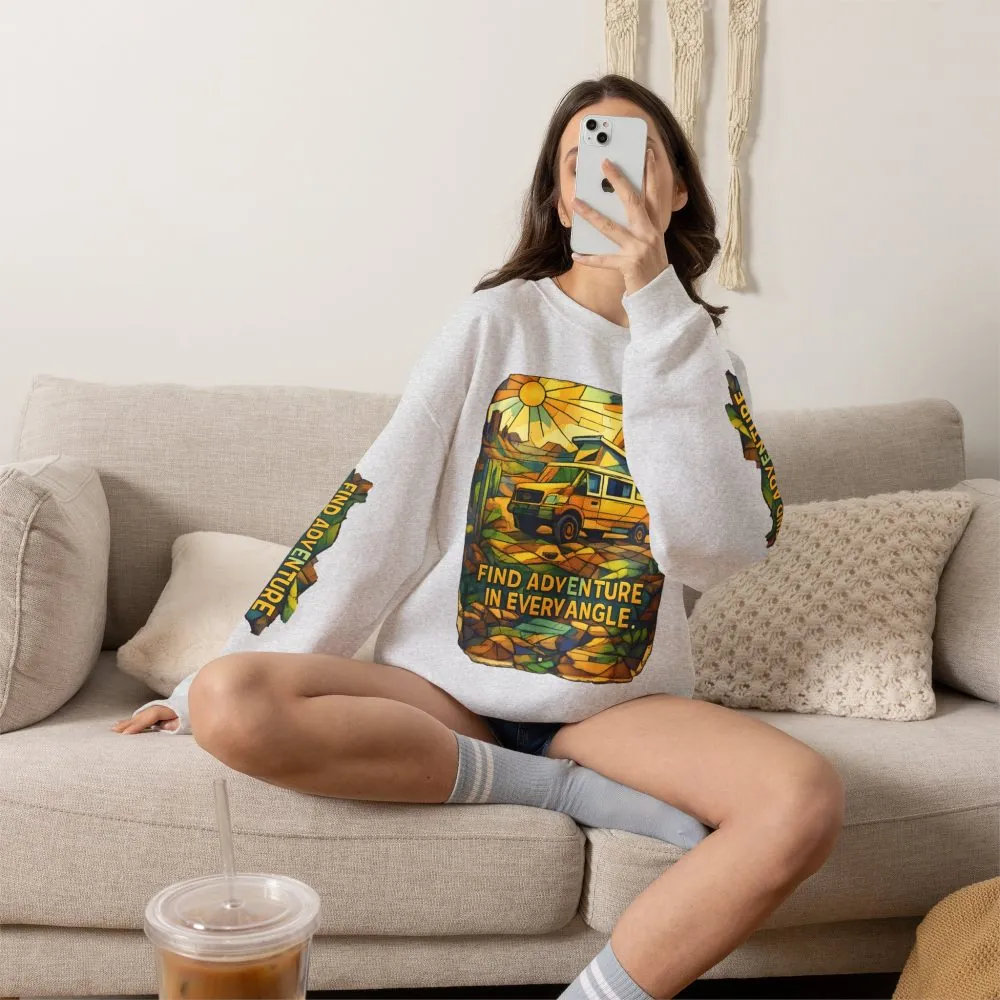 Unisex Heavy Blend™ Crewneck Sweatshirt — "Find Adventure In Every Corner" Design Cubic-Line