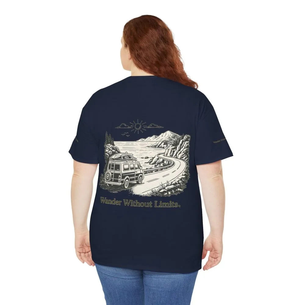 Unisex Heavy Cotton Tee — "Wander Without Limits" Design Minimal-Line