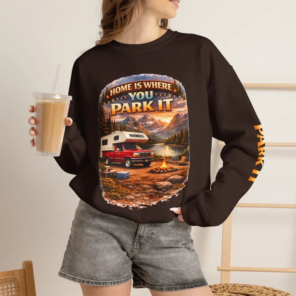 Unisex Heavy Blend™ Crewneck Sweatshirt — "Home Is Where You Park It" Design Scenic-Line