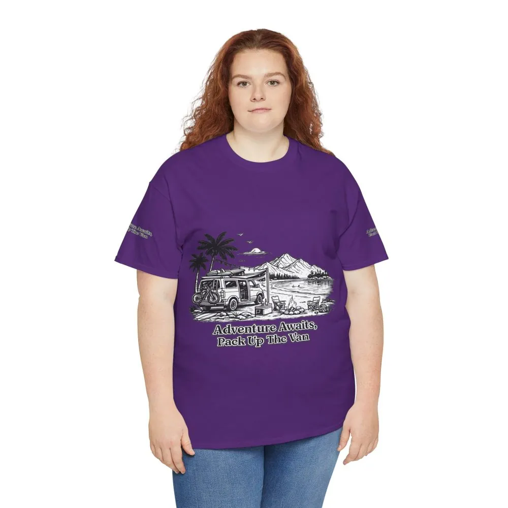 Unisex Heavy Cotton Tee — "Adventure Awaits,Pack Up The Van" Design Minimal-Line