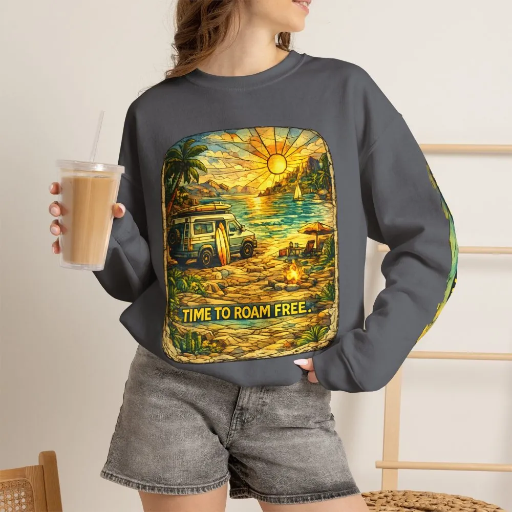 Unisex Heavy Blend™ Crewneck Sweatshirt — "Time To Roam Free" Design Cubic-Line