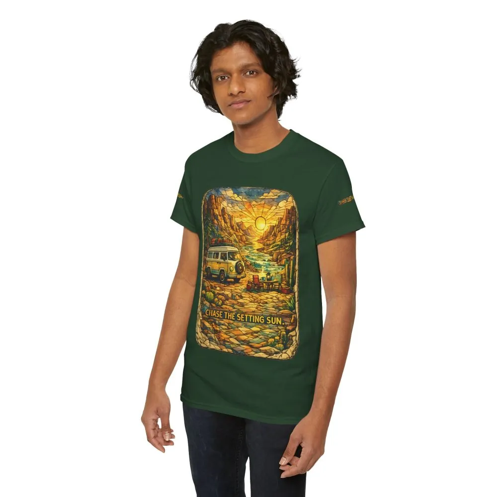 Unisex Heavy Cotton Tee — "Chase The Settings Sun" Design Cubic-Line