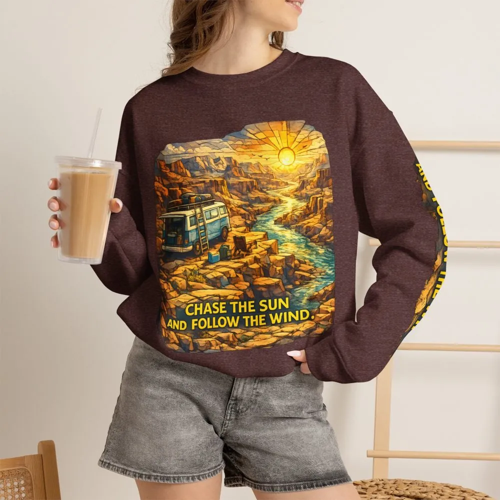 Unisex Heavy Blend™ Crewneck Sweatshirt — "Chase The Sun And Follow The Wind" Design Cubic-Line