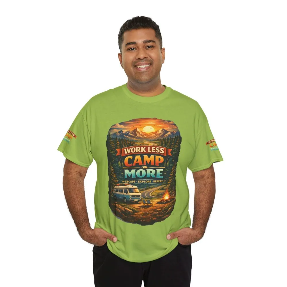 Unisex Heavy Cotton Tee — "Work Less Camp More" Design Scenic-Line