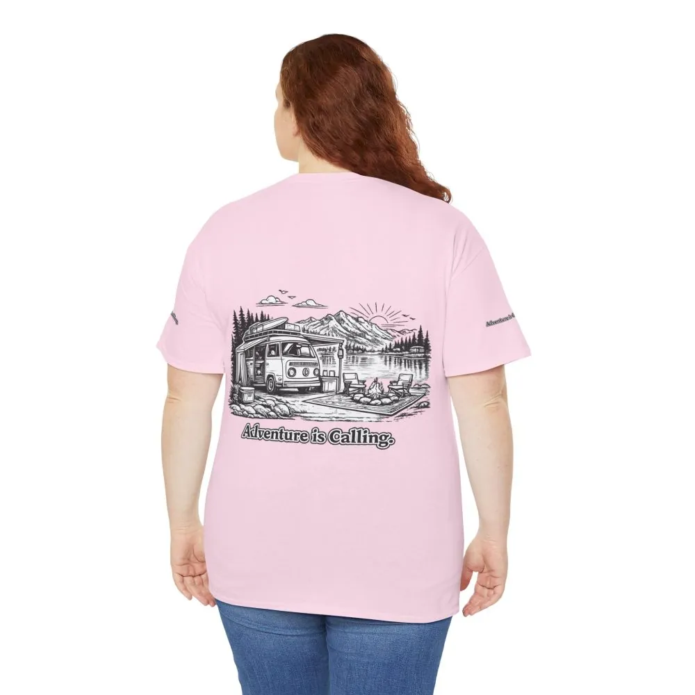 Unisex Heavy Cotton Tee — "Adventure Is Calling" Design Minimal-Line