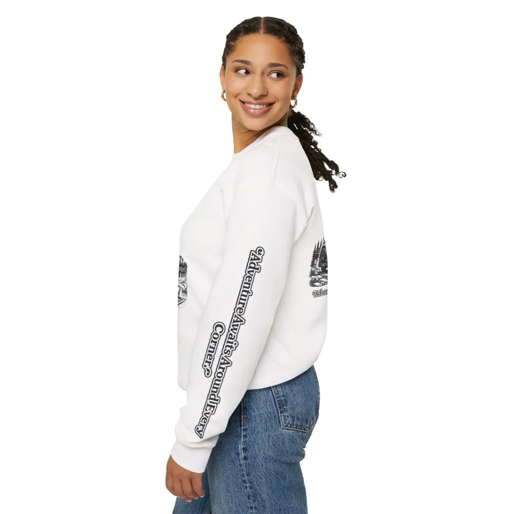 16020544062866467212_2048.jpeg Unisex Heavy Blend™ Crewneck Sweatshirt — "Adventure Awaits Around Every Corner" Design Minimal-Line