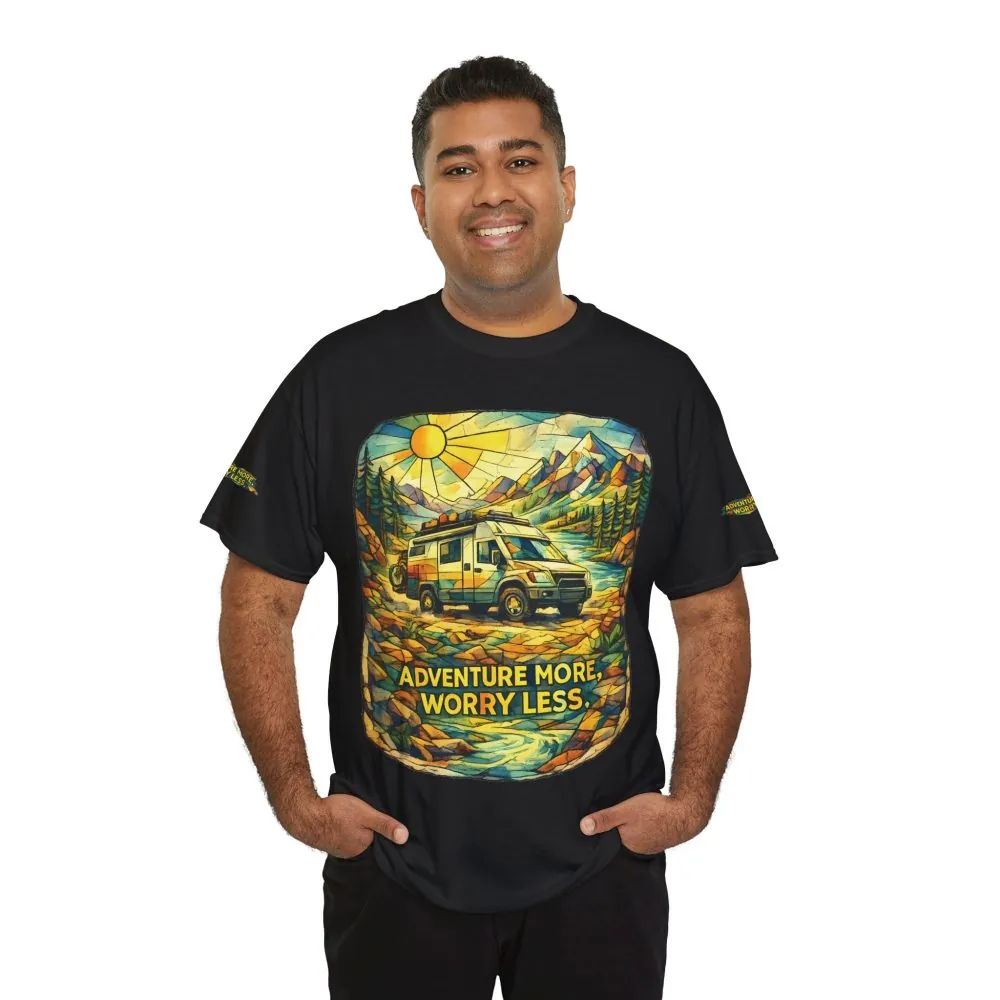 Unisex Heavy Cotton Tee — "Adventure More Worry Less" Design Cubic-Line