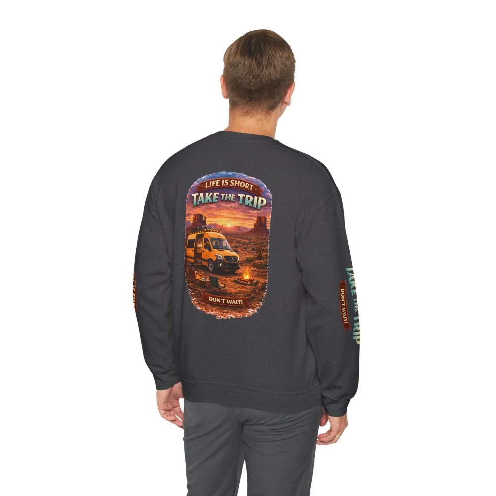 Unisex Heavy Blend™ Crewneck Sweatshirt — "Live Is Short Take The Trip" Design Scenic-Line