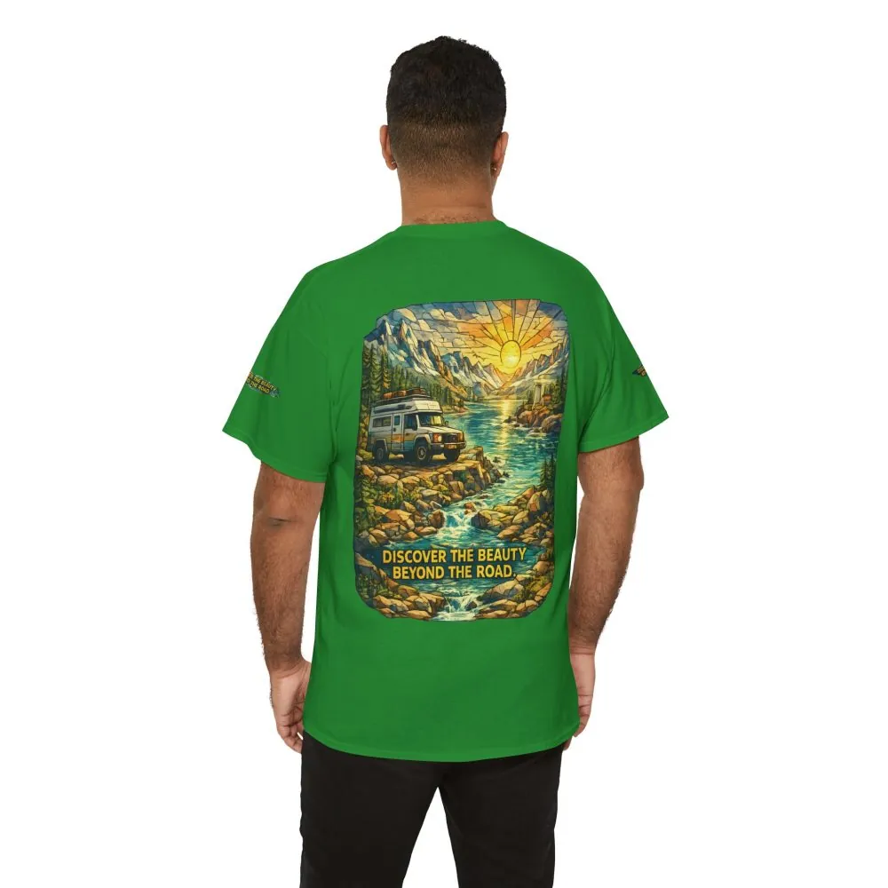 Unisex Heavy Cotton Tee — "Discover The Bieuty Beyond The Road" Design Cubic-Line